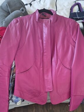 Moda International Pink Leather Jacket with Mandarin Collar